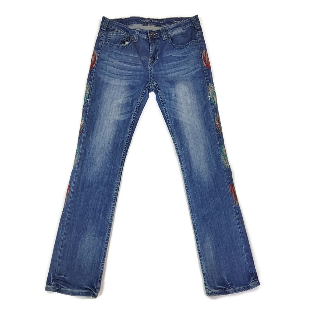 Cowgirl Tuff Brave Wings Medium Wash Boot Cut Embroidered Feathers Studs Jeans